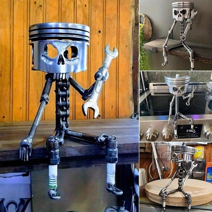 Piston Skull Sculpture with Gear Base Wrench Design Handmade Art Oddities Curiosities Car Enthusiast Home Office Desk Decor Gift