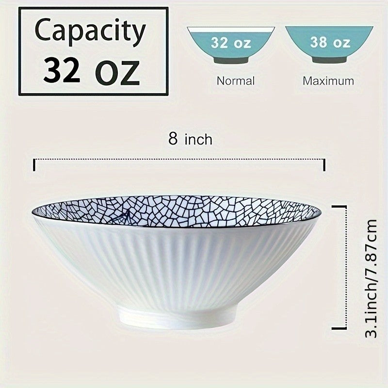 Japanese Ramen Bowls Set of 2 or 4 Ceramic Blue White Leaf Pattern 8 Inch 32oz Noodle Soup Bowl for Pho Ramen Pasta Cereal