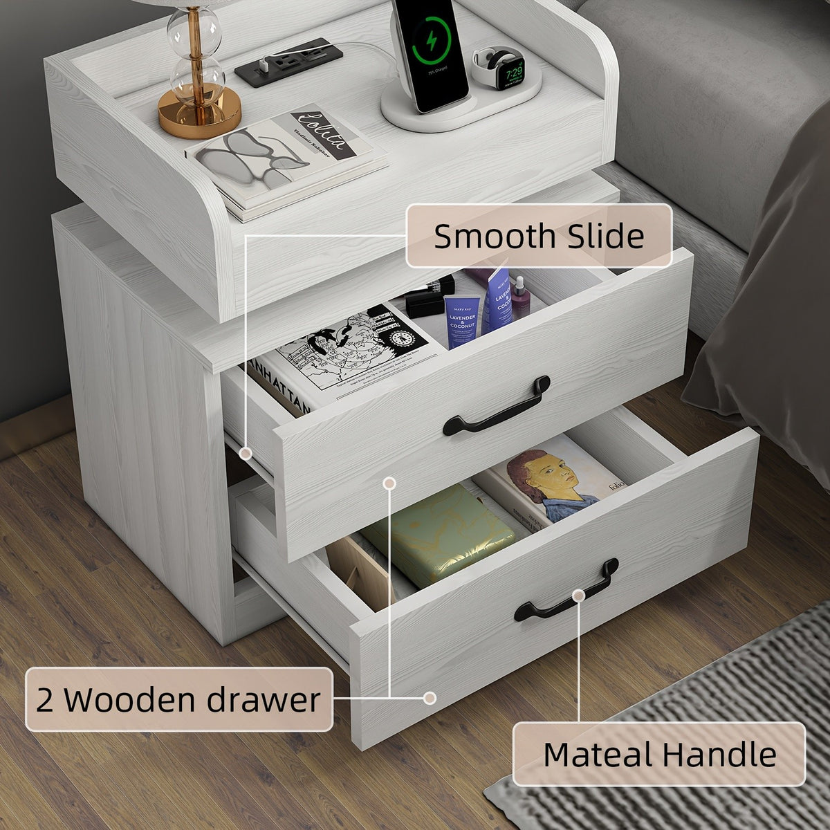 Nightstand with Charging Station LED Lights and 2 Drawers Bedside Table for Bedroom Living Room White Black Grey 1pc or 2pcs Set