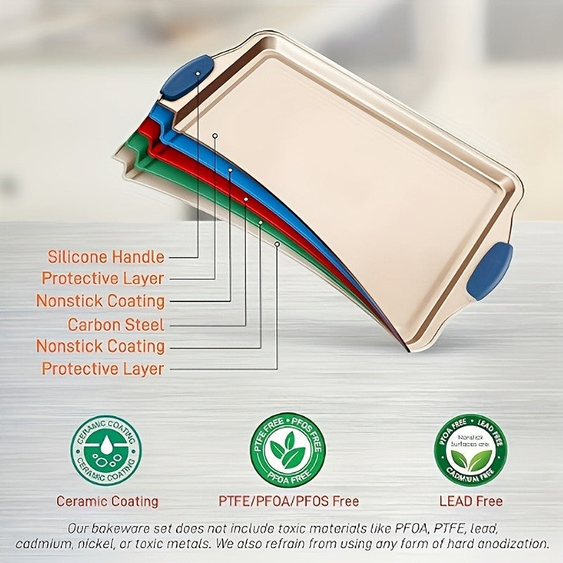Non-Stick Baking Sheet Set with Silicone Handles – Heavy Carbon Steel Cookie Trays, Stackable, Assorted Sizes, 2/3/6/12/24 Pack for Baking & Roasting