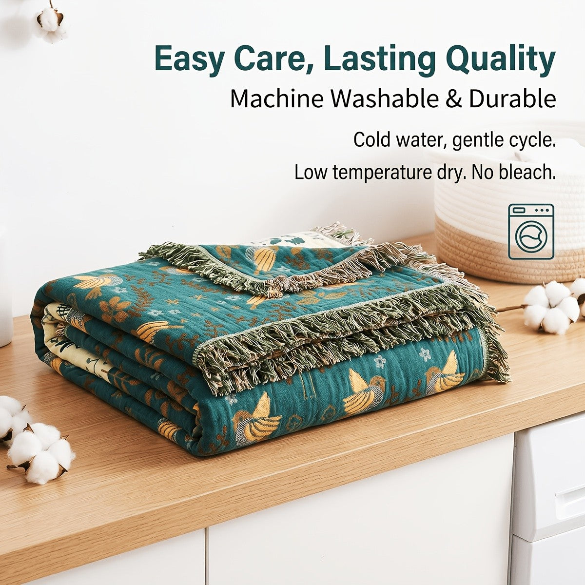 Bird Floral Cotton Throw Blanket Twin Queen King – 100% Cotton Ultra Soft Rustic Quilt, Boho Farmhouse Bed Blanket for Sofa Couch Chair, All Season