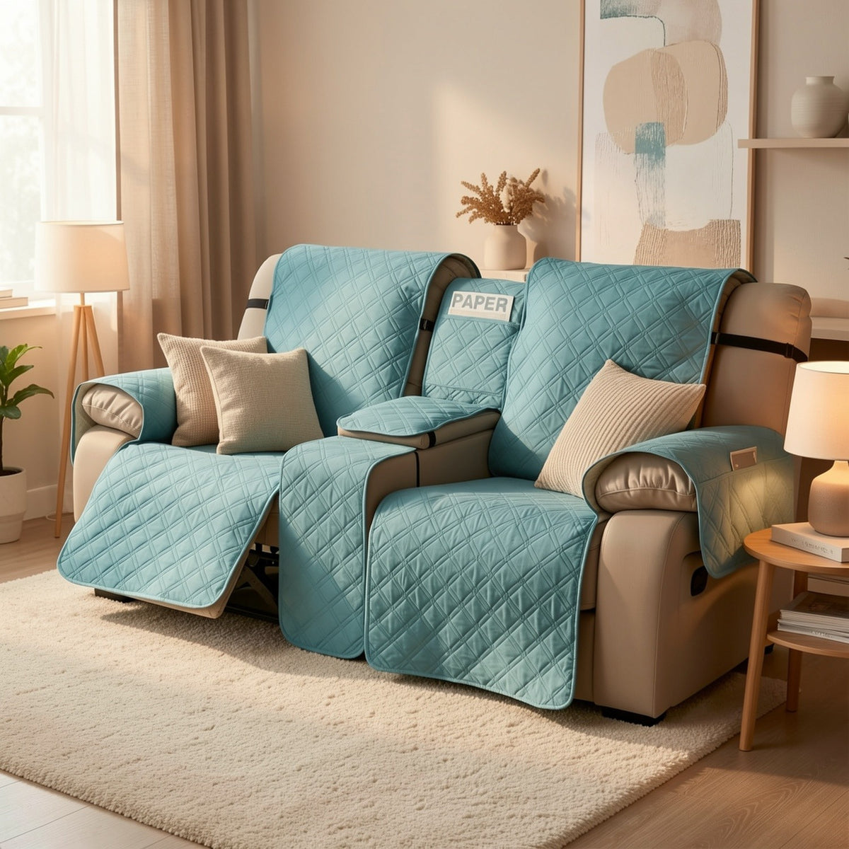 Recliner Loveseat Cover with Console 4-Piece Chenille Quilted Waterproof Slipcover | Non-Slip Pet Scratch Resistant Sofa Protector with Cup Holder Pocket, 9 Colors
