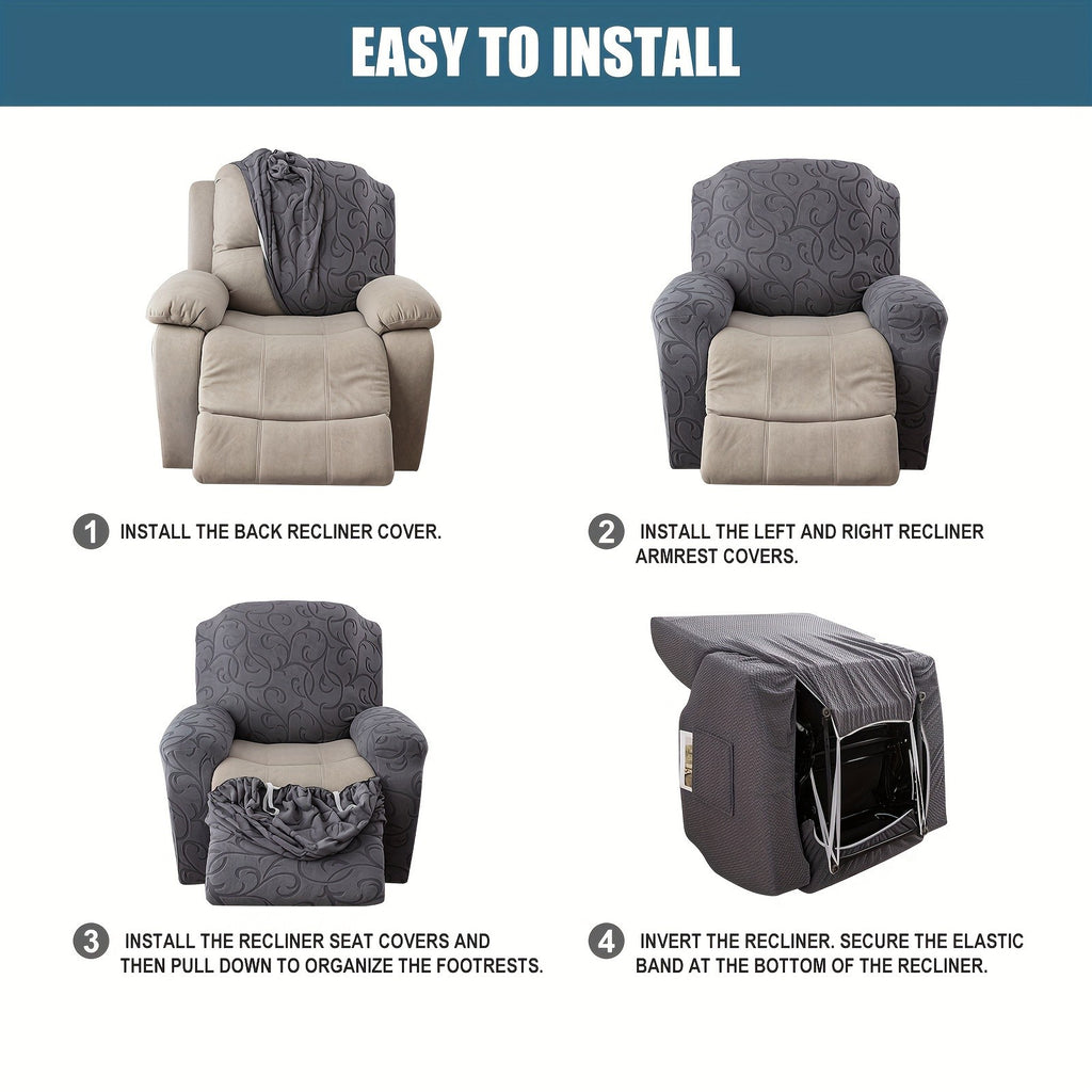 Stretch Recliner Sofa Slipcover Set of 4, Washable Couch Protector for Single Reclining Sofa with Elastic Base, Furniture Cover for Living Room