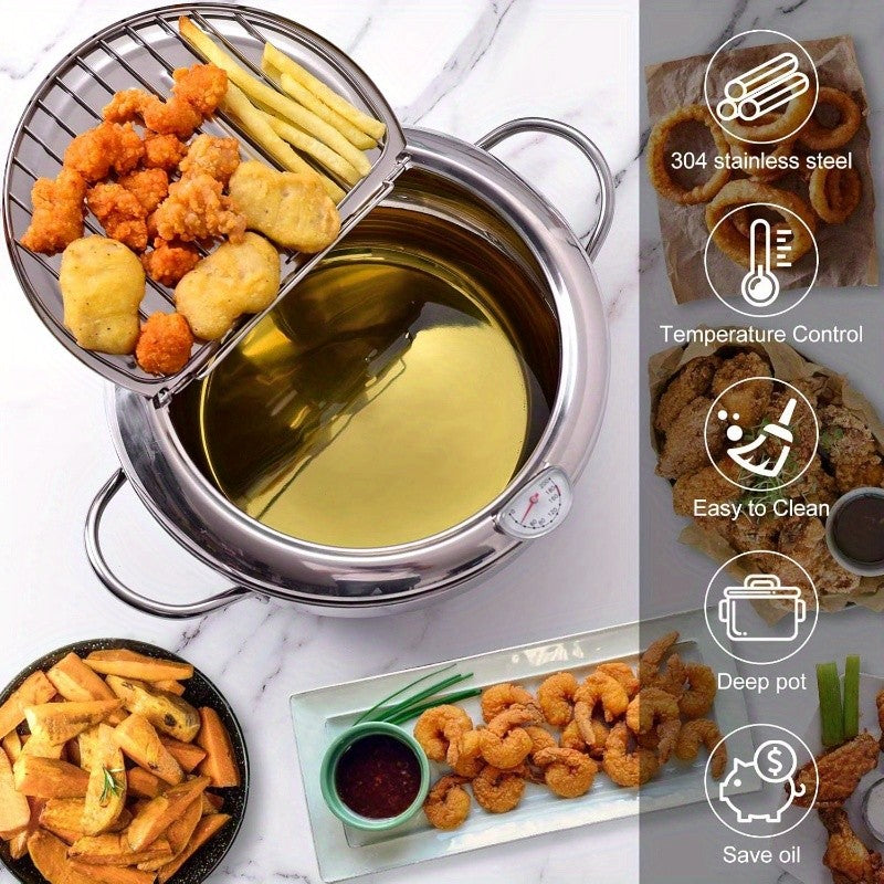 Deep Fryer Pot 304 Stainless Steel Japanese Tempura Frying Pot with Oil Drain Rack, Temperature Control & Lid - Stovetop & Induction Compatible for French Fries, Chicken, Donuts - Home Kitchen