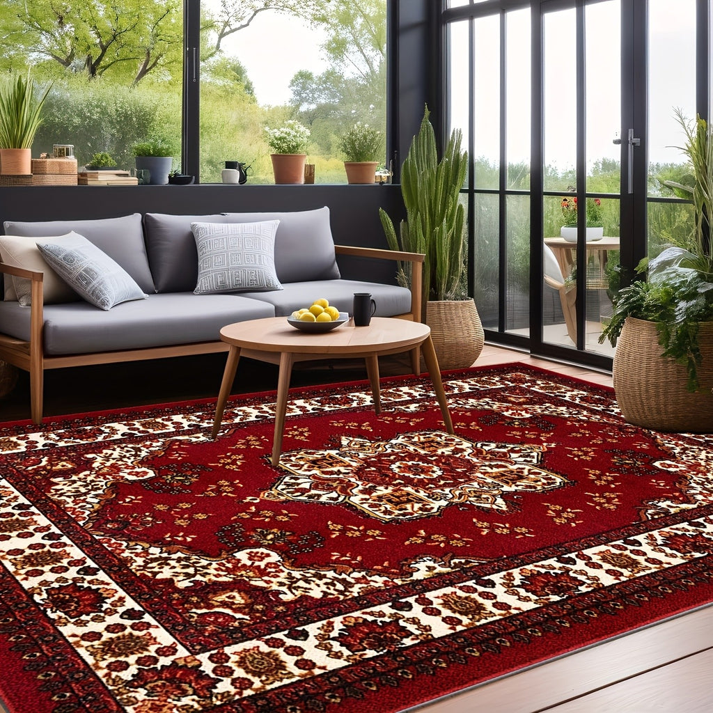 Bohemian Persian Area Rug - Plush Soft Pile Non-Slip Machine Washable 100% Polyester Red and Golden Floral Pattern for Living Room and Bedroom