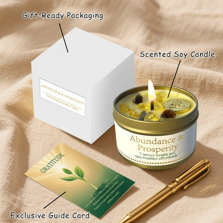 Manifestation Candle – Scented Soy Wax Candle with Golden Crystal & Guidance Card, 3oz, 12+ Hr Burn, for Focus, Meditation & Yoga | Abundance & Law of Attraction Gift for Women (1 or 2 Pack)
