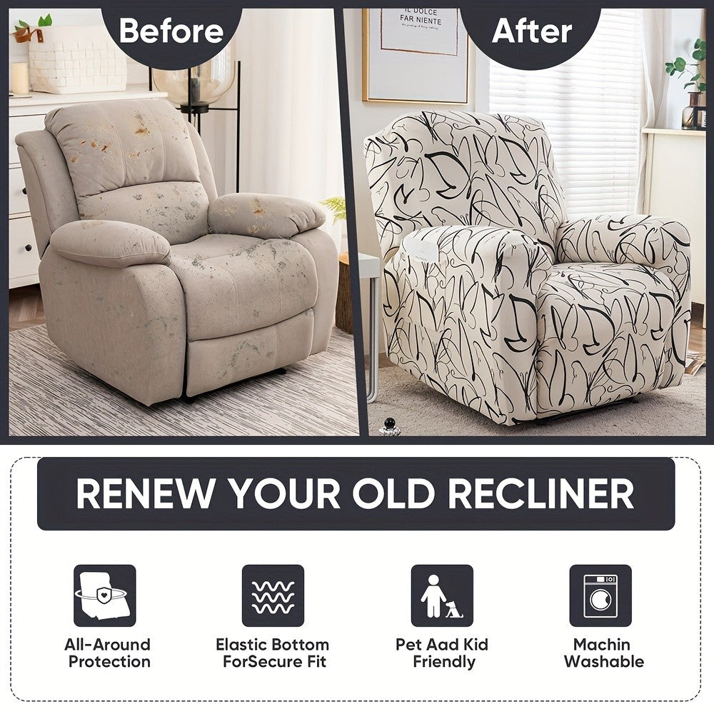 Recliner Slipcover Set of 4 with Side Pocket, Extra Large Jacquard Stretch Furniture Protector Cover, Elastic Band Closure, 92% Polyester All-Season Recliner Chair Cover for Living Room, 10 Patterns
