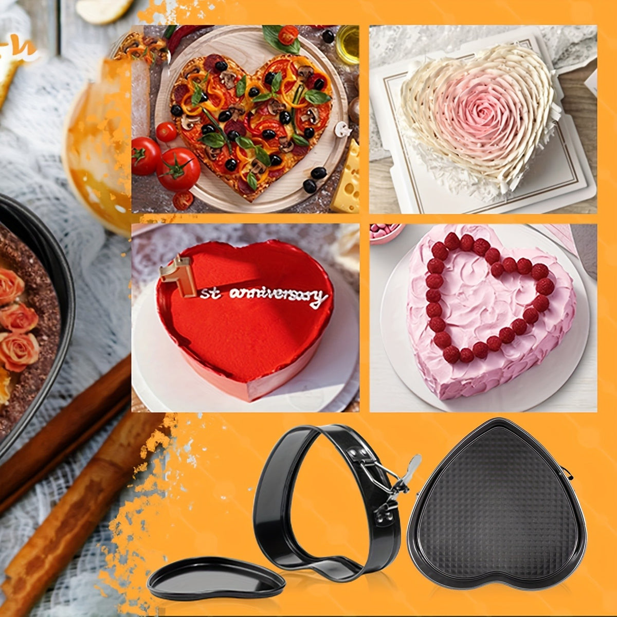 Springform Cake Pan Set 6pcs Nonstick Carbon Steel – Heart, Round & Square Cheesecake Pans 7–11 Inch with Removable Bottom for Mousse, Cheesecake & Layer Cakes