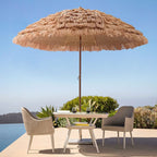 7.5 Foot Tropical Thatch Tiki Outdoor Patio Umbrella UV Protection Push Button Tilt Manual Lift Steel Pole Iron Frame Poolside Garden Backyard