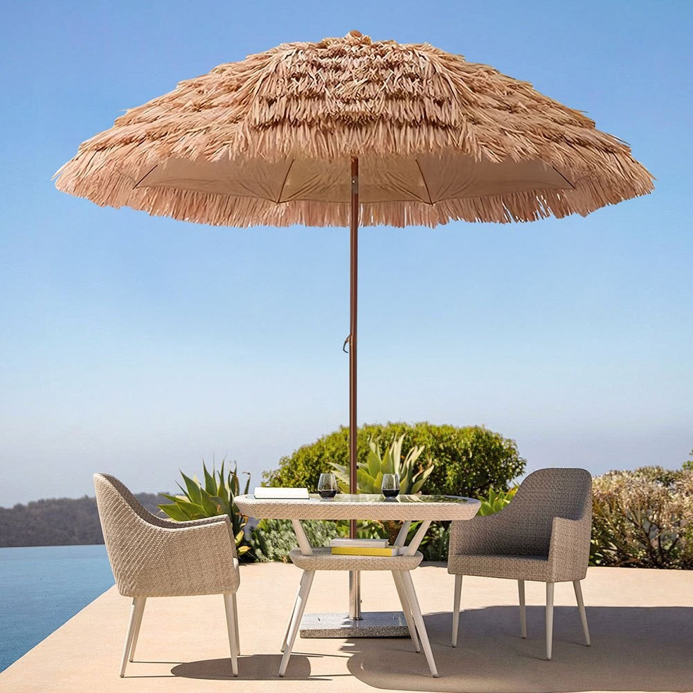 7.5 Foot Tropical Thatch Tiki Outdoor Patio Umbrella UV Protection Push Button Tilt Manual Lift Steel Pole Iron Frame Poolside Garden Backyard