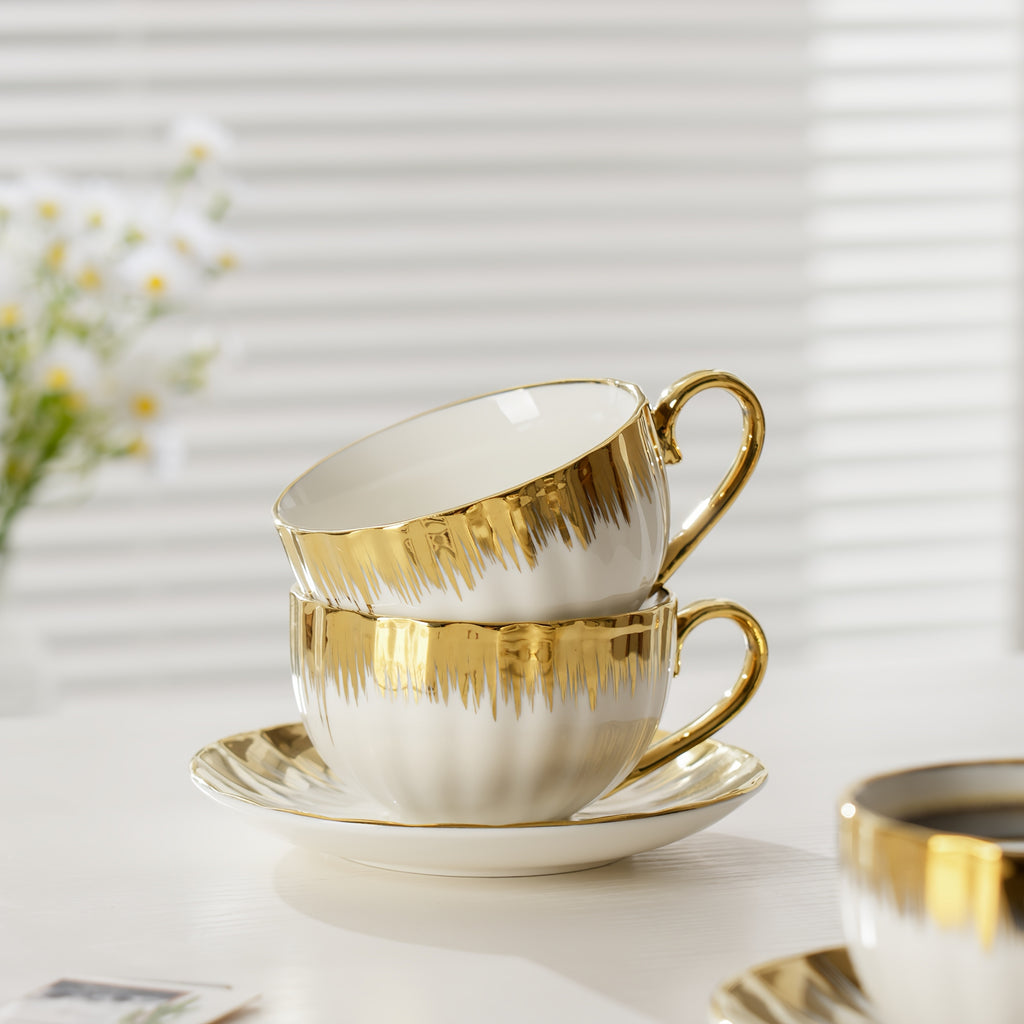 Ceramic Coffee Cup and Saucer Set of 6 – European Light Luxury 8.45oz Porcelain Tea Cups with Plates | Elegant Dinnerware for Home, Wedding & Holiday Gifting