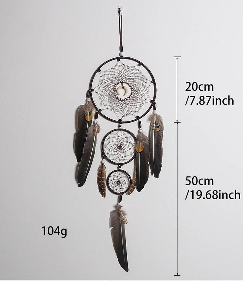 Handmade Feather Rattan Wind Chime Wall Hanging Boho Eclectic Bedroom Decor Dream Catcher Festival Gift Brown Rainbow