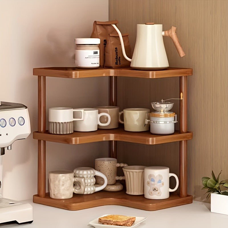 Corner Shelf Countertop Organizer, Triangular Multi-Tier Kitchen Storage Rack for Coffee Accessories, Cups, Spices & Kitchen Essentials, Space-Saving Corner Stand for Counter, Bathroom & Office
