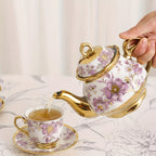 20-Piece Floral Porcelain Tea Set with Metal Holder & Teapot - European Ceramic Espresso Cup and Saucer Set, 3.3oz Cups 15oz Teapot, Afternoon Tea Gift for Golden Pink Purple Flower