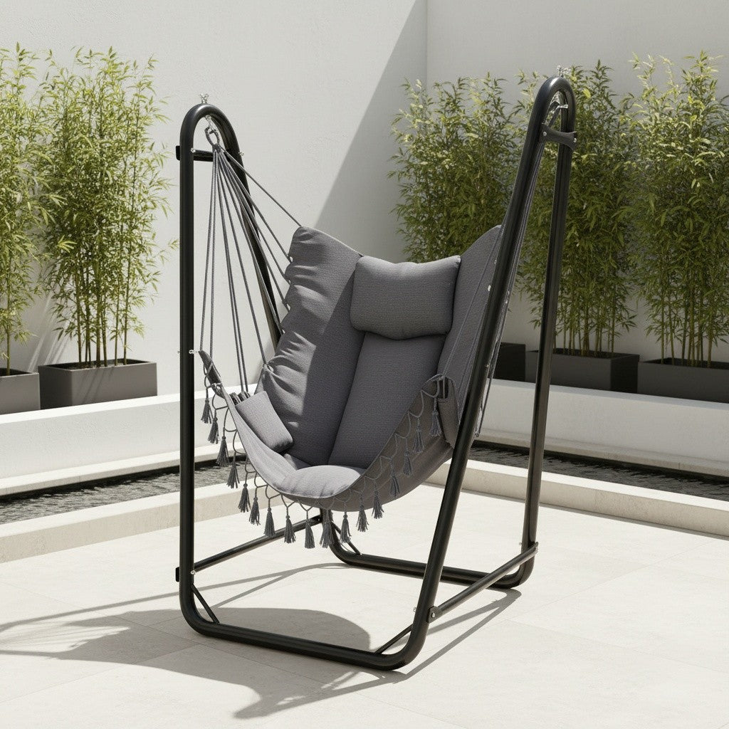 U-Shaped Hammock Chair Stand Double Tube Steel 350 lbs Capacity Rust-Resistant Powder Coat Indoor Outdoor Hanging Lounge Chair with Side Pocket Free Grey Swing