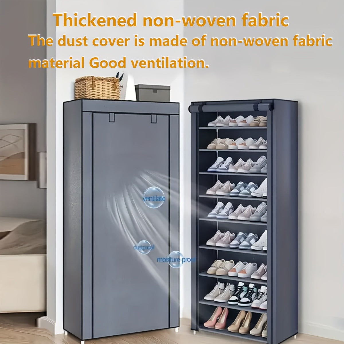 Shoe Organizer Cabinet with Cover – 6/8/10 Tier Nonwoven Fabric Shoe Storage Shelf for 27-35 Pairs, Portable Shoe Rack for Entryway, Closet, Bedroom (Dark Gray)