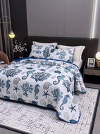 Ocean Style Quilt Cover Set 3pcs - Seahorse and Coral Pattern Bedspread with 2 Pillowcases Machine Washable All Seasons Soft Breathable Bedding for Bedroom and Dorm