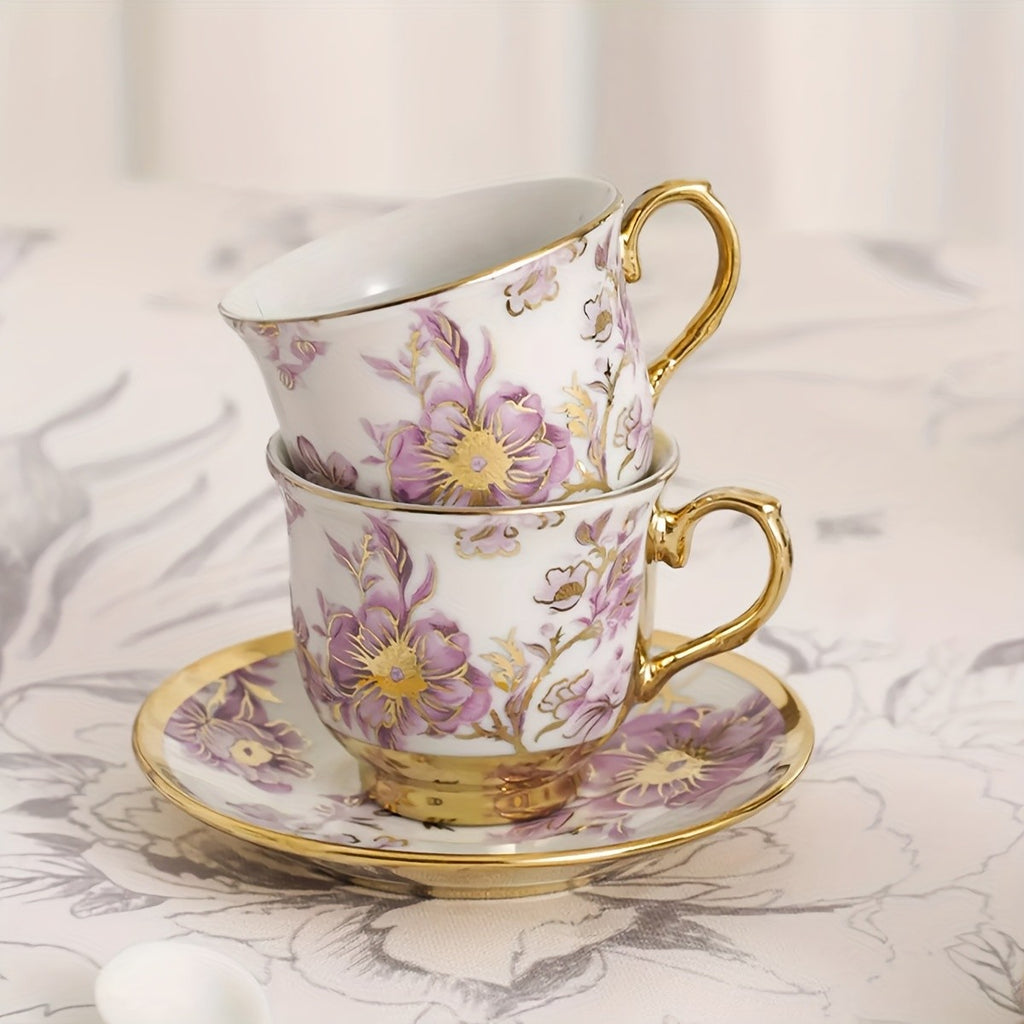 20-Piece Floral Porcelain Tea Set with Metal Holder & Teapot - European Ceramic Espresso Cup and Saucer Set, 3.3oz Cups 15oz Teapot, Afternoon Tea Gift for Golden Pink Purple Flower