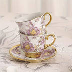 20-Piece Floral Porcelain Tea Set with Metal Holder & Teapot - European Ceramic Espresso Cup and Saucer Set, 3.3oz Cups 15oz Teapot, Afternoon Tea Gift for Golden Pink Purple Flower