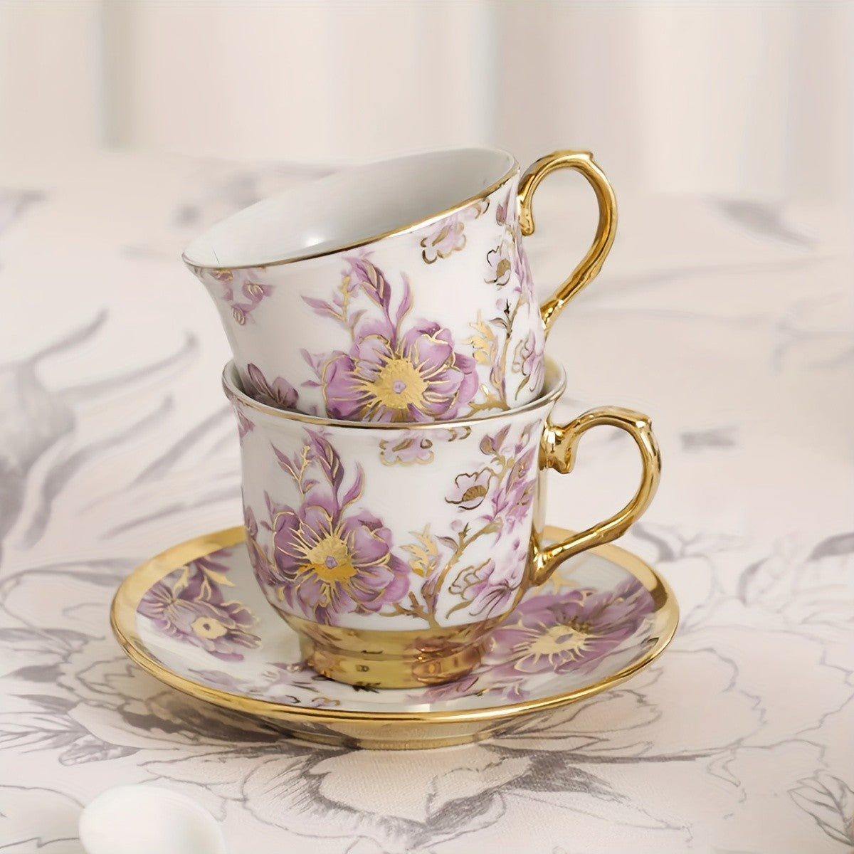 20-Piece Floral Porcelain Tea Set with Metal Holder & Teapot - European Ceramic Espresso Cup and Saucer Set, 3.3oz Cups 15oz Teapot, Afternoon Tea Gift for Golden Pink Purple Flower