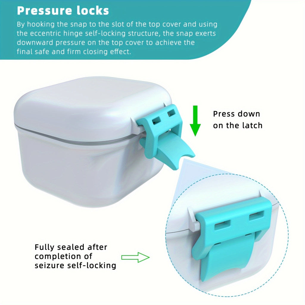 Denture Bath Case with Drainage Basket - Leak Proof Portable Travel Denture Soaking Cup Storage Container Silicone Ring Safety Buckle