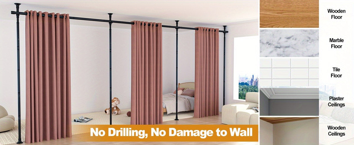 Adjustable Tension Room Divider Curtain Rod – No Drilling, 28–171" Wide, 4–10 ft Floor-to-Ceiling, Heavy Duty, Black & White (Curtains Not Included)