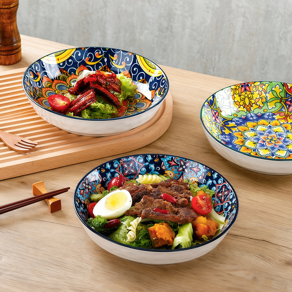 Bohemian Ceramic Dinner Plates Set of 6 – Large Salad & Entree Plates for Pasta, Baking & Serving – Boho Home & Restaurant Dinnerware, Gift-Ready