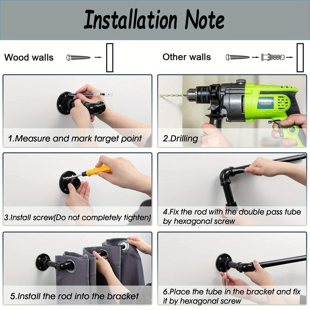 Adjustable Industrial Black Pipe Curtain Rod 1 Inch Wrap-Around with Brackets, Indoor Outdoor Patio Room Divider, 4 Sizes 28-45in to 28-84in