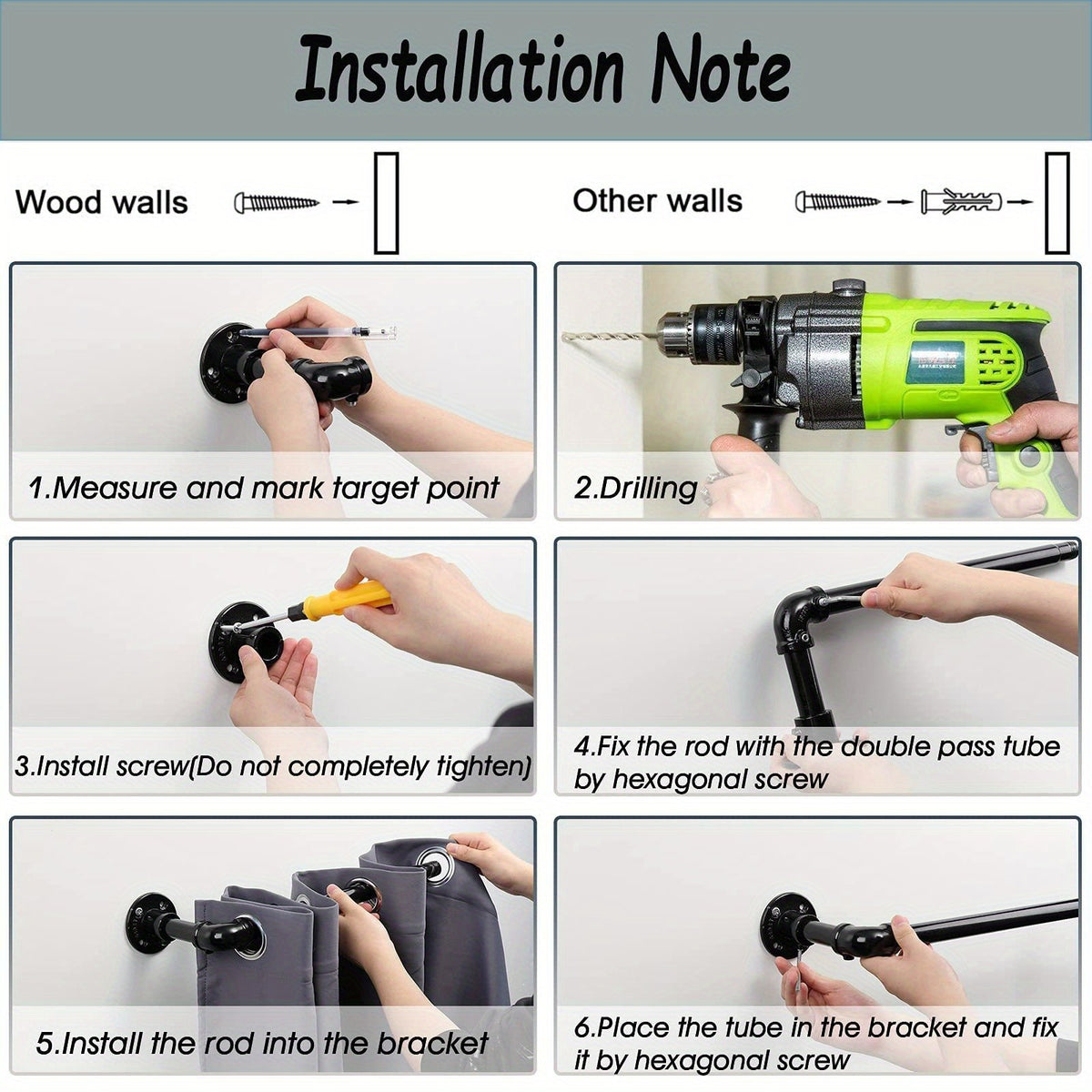 Adjustable Industrial Black Pipe Curtain Rod 1 Inch Wrap-Around with Brackets, Indoor Outdoor Patio Room Divider, 4 Sizes 28-45in to 28-84in