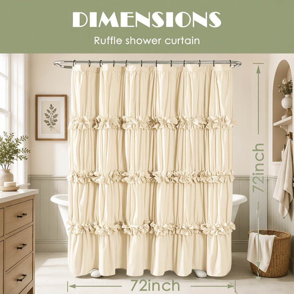 Bow Tie Ruffle Shower Curtain Vintage Handcrafted - Waterfall Ruched Fabric Bath Curtain with Hooks, Quick Dry Machine Washable, Farmhouse Romantic Decor, Multiple Sizes & Colors