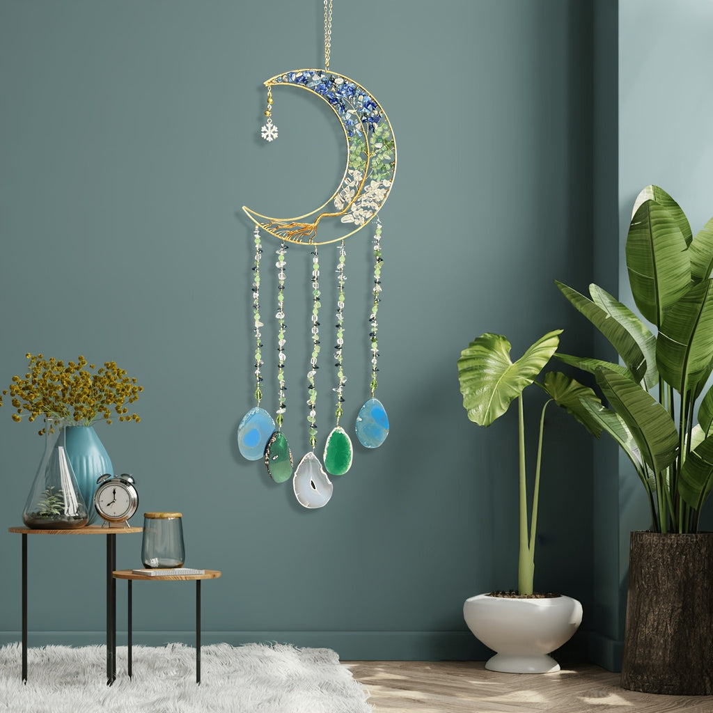 Handmade Moon Agate Tree Hanging Ornament – Boho Suncatcher Crystal Wall Decor | Birthday, Christmas & Holiday Gift for Mom, Friends & Her