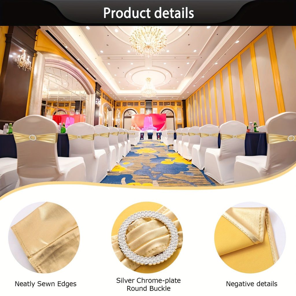 Metallic Spandex Chair Sashes Bow Bands 100pcs – Sparkle Lycra Stretch Chair Ties with Buckle for Wedding, Banquet & Party Decor | Gold, Silver, Rose Gold