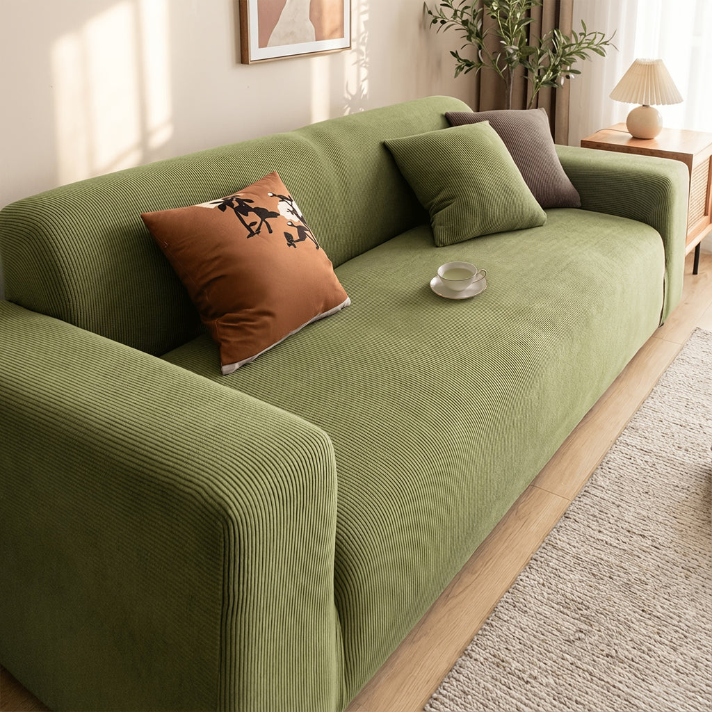Chenille Sofa Cover Textured Stripe Elastic Full Cover Non-Slip Washable Scratch-Resistant Couch Slipcover for 1 2 3 4 Seater Living Room Office Green Gray Coffee Beige