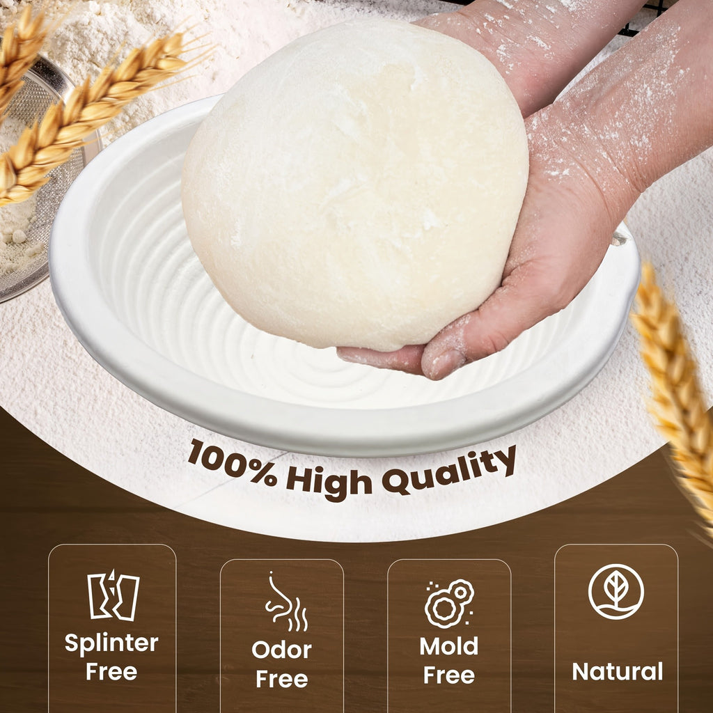 Bread Proofing Basket Banneton 10 Inch - Natural Wood Pulp Non-Stick Grooved Sourdough Proofing Basket for Artisan Bread Baking, Uniform Rise, Oval & Round Options
