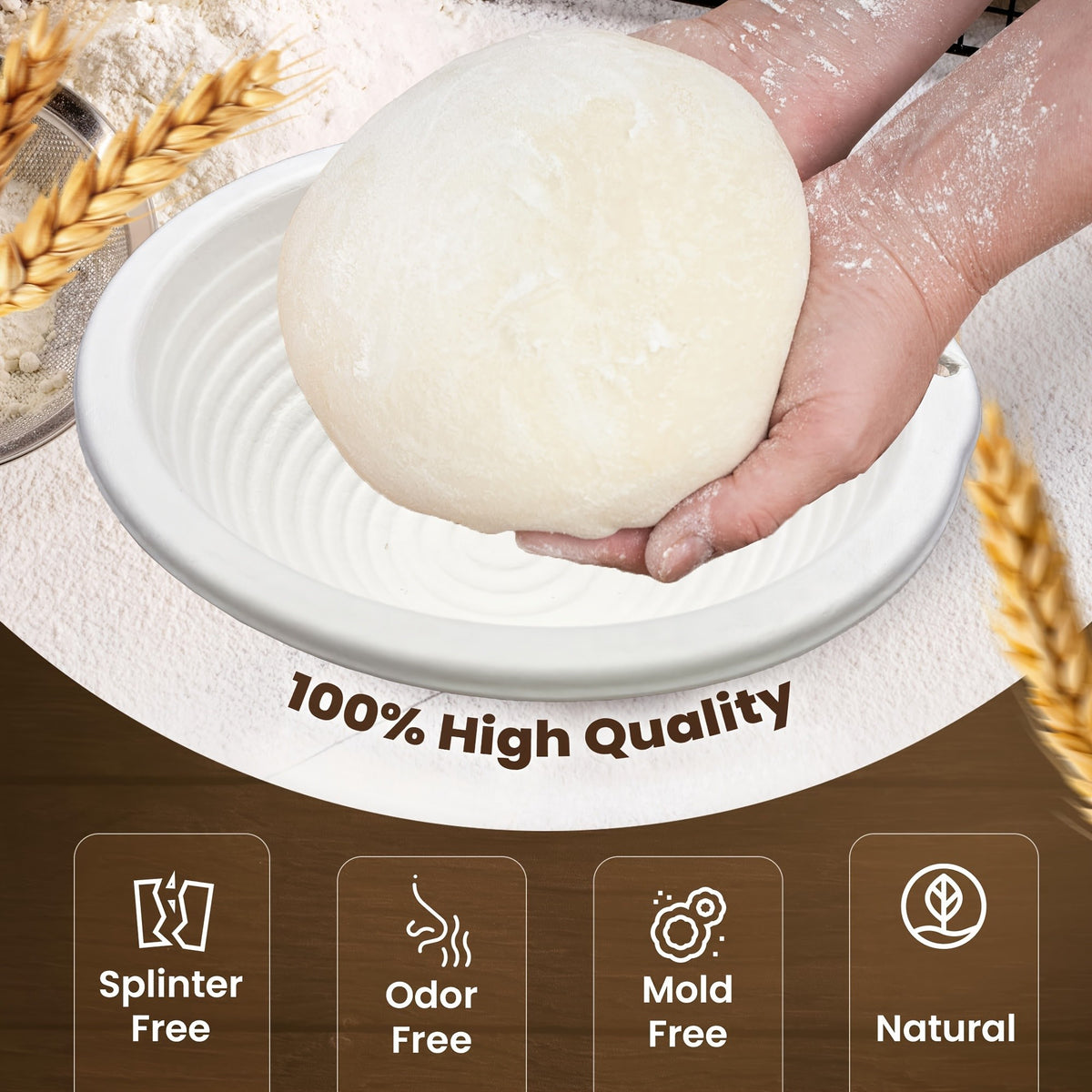 Bread Proofing Basket Banneton 10 Inch - Natural Wood Pulp Non-Stick Grooved Sourdough Proofing Basket for Artisan Bread Baking, Uniform Rise, Oval & Round Options