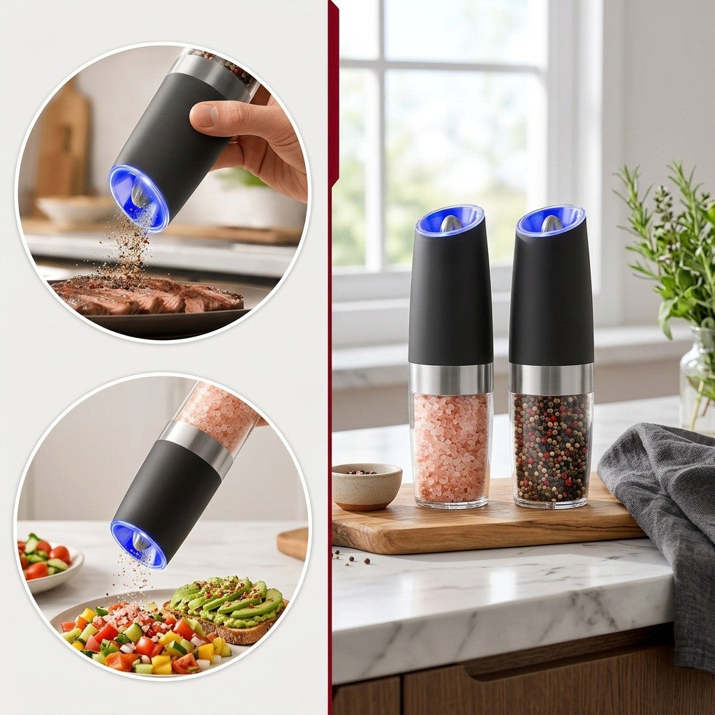 Electric Salt and Pepper Grinder Set 2-Pack - Automatic Battery-Powered Mill with LED Light, Adjustable Coarseness, Large Capacity for Home Kitchen & BBQ - Great Father's Day & Birthday Gift