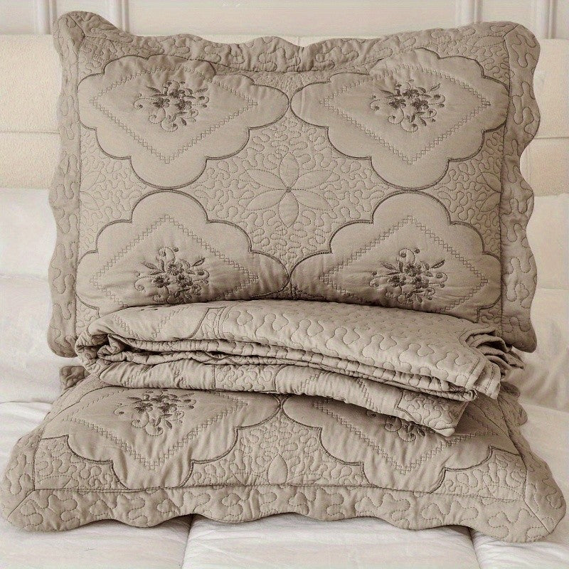 Quilted Embroidered Bedspread Set 3 Pcs – Floral Embroidery, 100% Polyester, Wrinkle-Resistant Lightweight Coverlet for Queen & King Bedroom Decor, 16 Colors
