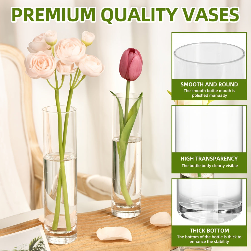 Glass Cylindrical Vase Bulk Set 15 30 50pcs – Handmade Clear Slender Vases for Wedding Centerpieces, Single Rose Display, Desk Aesthetics, Home & Party Table Decoration