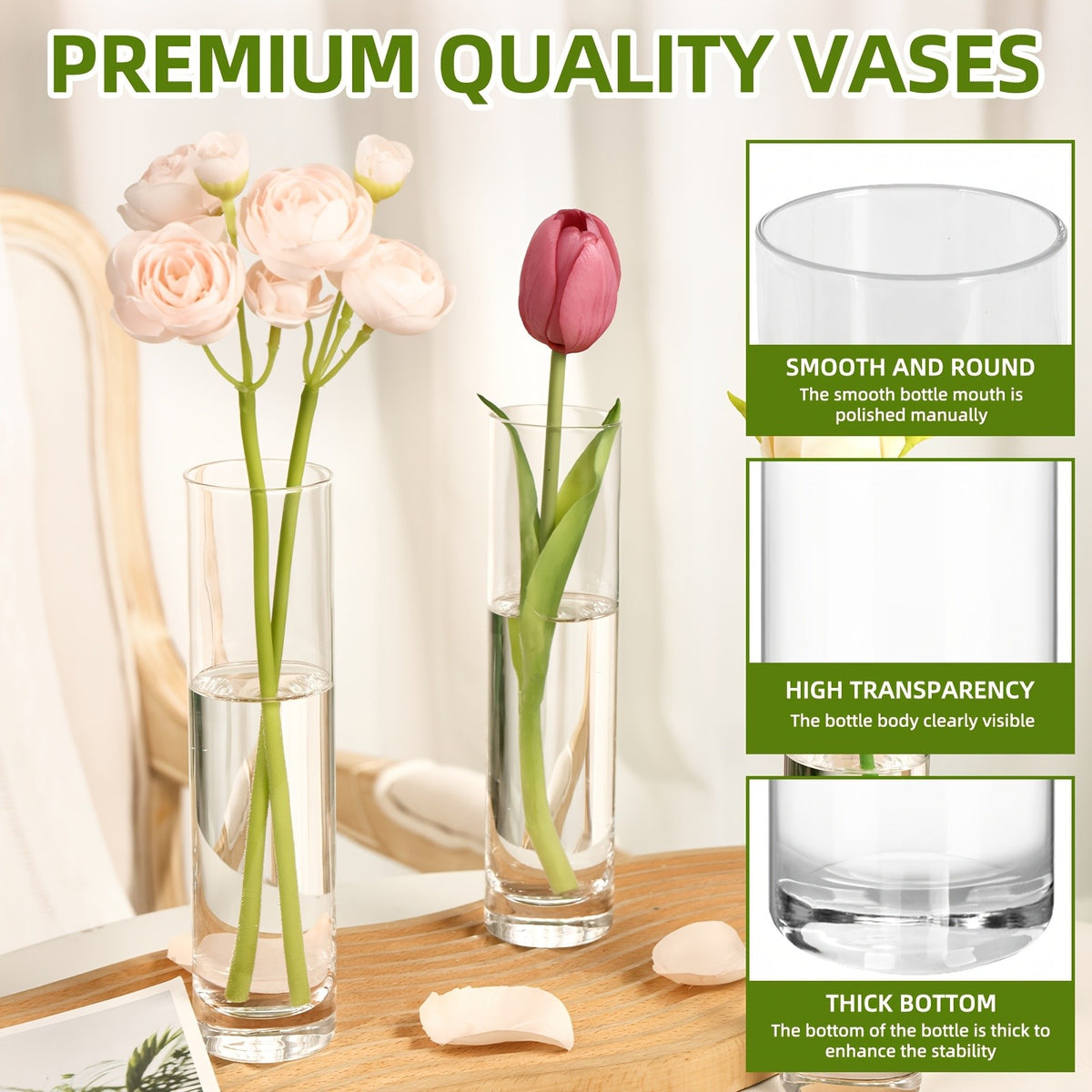 Glass Cylindrical Vase Bulk Set 15 30 50pcs – Handmade Clear Slender Vases for Wedding Centerpieces, Single Rose Display, Desk Aesthetics, Home & Party Table Decoration