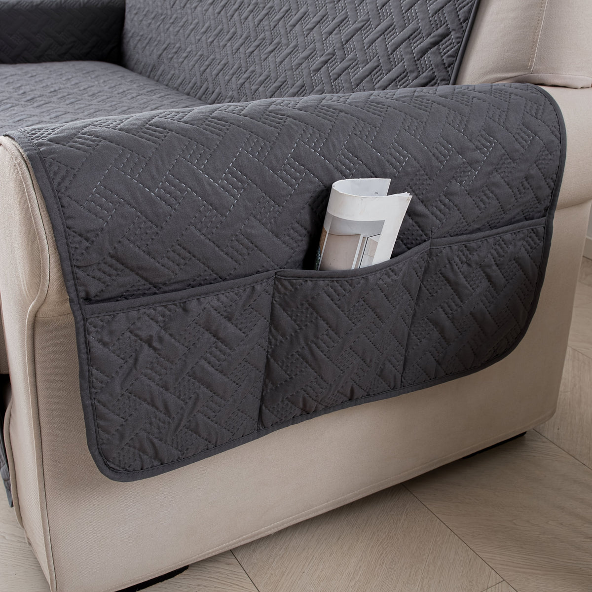 Sofa Cushion Cover with Storage Pocket – Pet-Proof Non-Slip Multi-Function Sofa Protector, All-Season Machine Washable, 1/2/3-Seater, Navy Coffee Off-White Dark Gray