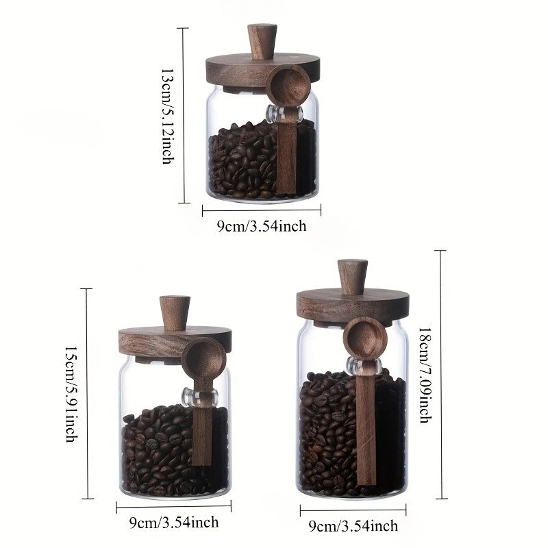 Airtight Glass Canisters Set of 3 with Spoon - Leak-Proof Kitchen Storage Jars for Coffee, Sugar, Flour & Tea, Round Glass Jars with Dark Brown Lids for Pantry & Countertop