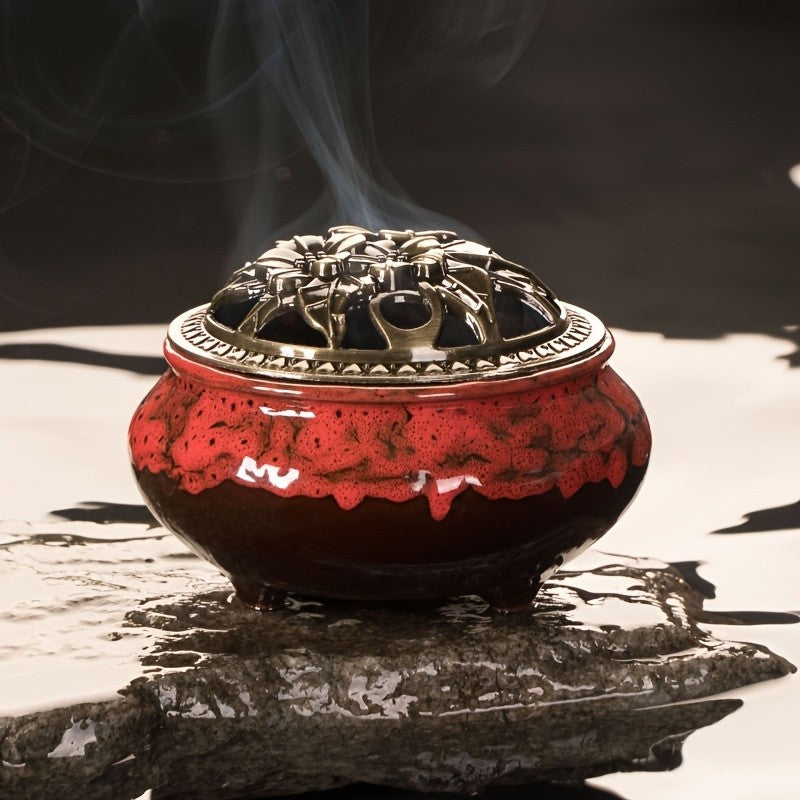 Ceramic Incense Holder Set 4pcs Large Kiln-Fired with Vintage Brass Lid & Fireproof Mat – Stick, Cone & Coil Incense Burner for Home Meditation, Zen Decor & Aromatherapy