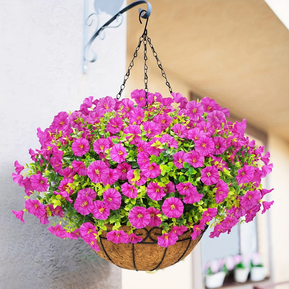 UV-Resistant Artificial Hanging Flowers with Container – Fake Petunia Hanging Plants in 6 Colors, Realistic Faux Blooms for Outdoor Garden, Patio, Porch, Balcony Railing, Wedding & Mother’s Day Decor