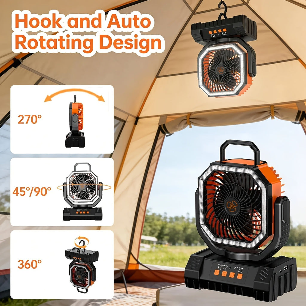 Camping Fan 20000mAh Rechargeable with LED Light, Remote Control, 270° Oscillation & Power Bank – 4 Speeds, 59-Hour Battery, 3 Use Modes