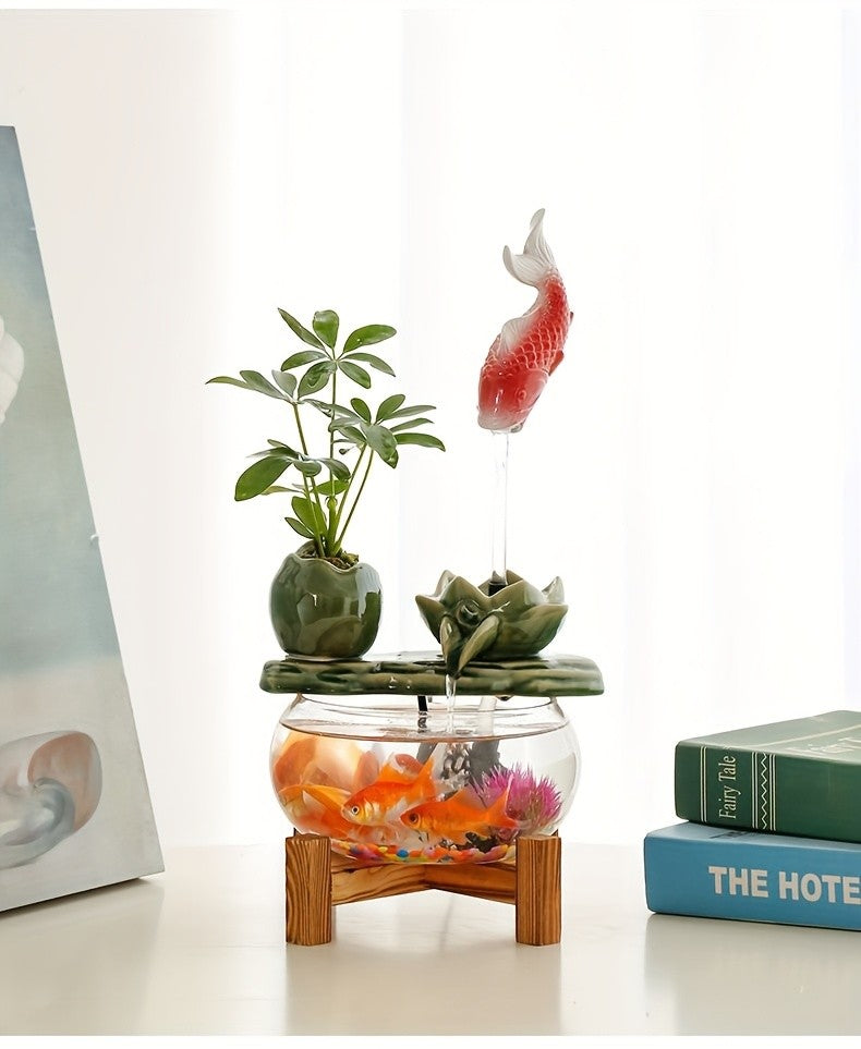 USB Powered Glass & Ceramic Fish Waterfall Desktop Fountain – Hanging Goldfish Design, Decorative Water Feature with Glass Fish & Plants for Living Room, Office & Zen Decor, Unique Gift