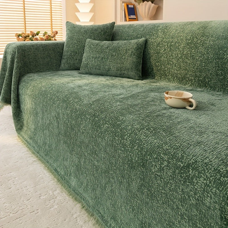 Soft Chenille Sofa Throw Cover with Fringes Durable Pet-Friendly Solid Couch Protector Slipcover for Living Room Sectional Armchair Home Decoration