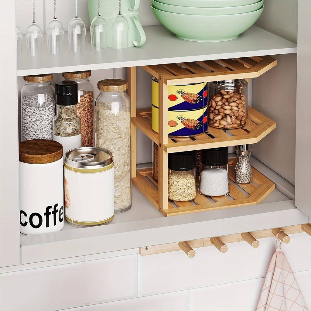 Bamboo Corner Shelf 3-Tier Set of 2 – Countertop & Cabinet Organizer for Kitchen, Bathroom, Spice Rack, Plate & Cup Storage