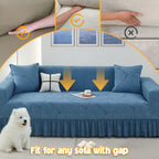 Luxury Skirted Sofa Cover Full Coverage Stretch Velvet Slipcover – Anti-Slip Pet-Friendly Couch Protector for 1/2/3/4-Seater, Soft Warm Furniture Cover in Navy Blue & Charcoal Gray for Winter Christmas Home Decor