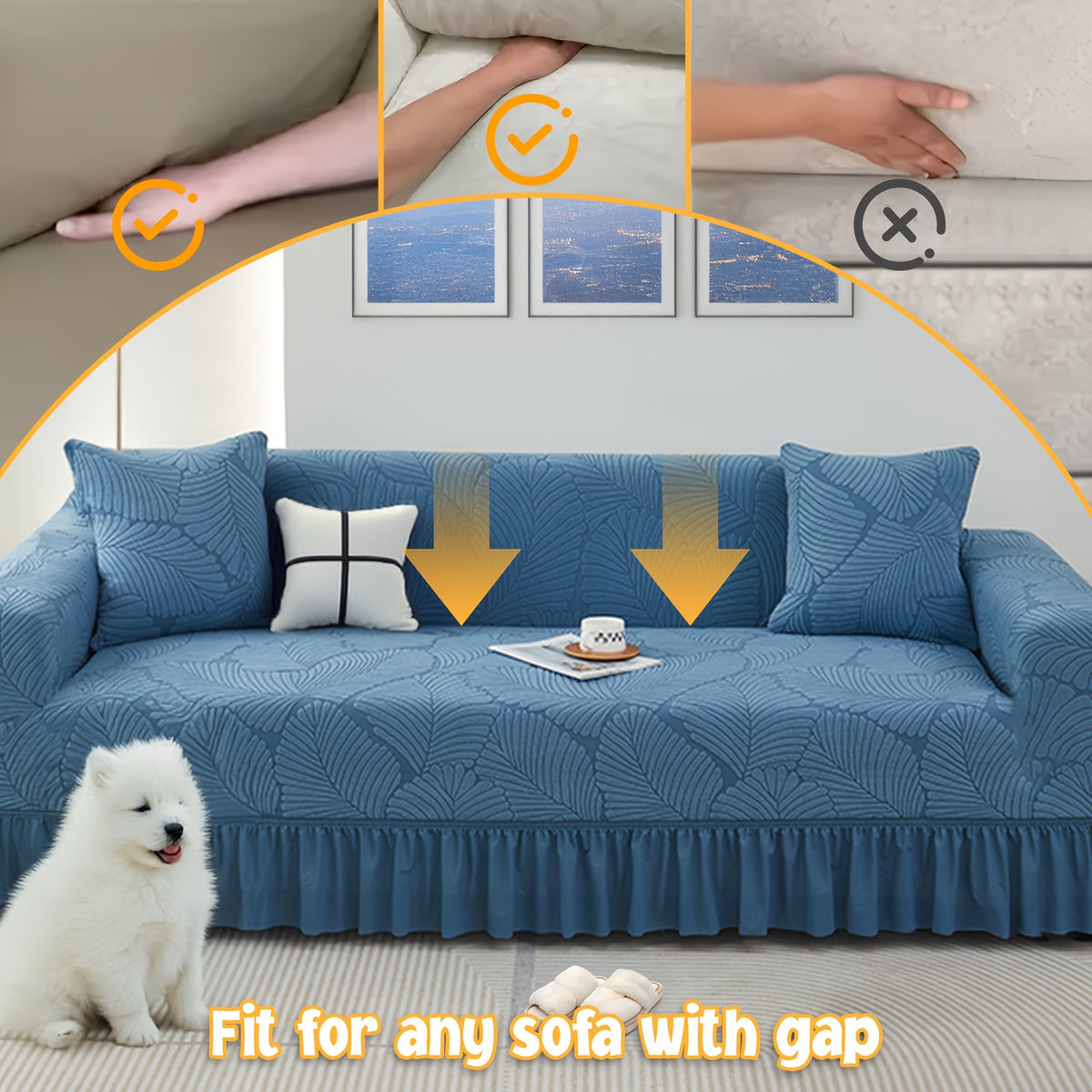 Luxury Skirted Sofa Cover Full Coverage Stretch Velvet Slipcover – Anti-Slip Pet-Friendly Couch Protector for 1/2/3/4-Seater, Soft Warm Furniture Cover in Navy Blue & Charcoal Gray for Winter Christmas Home Decor