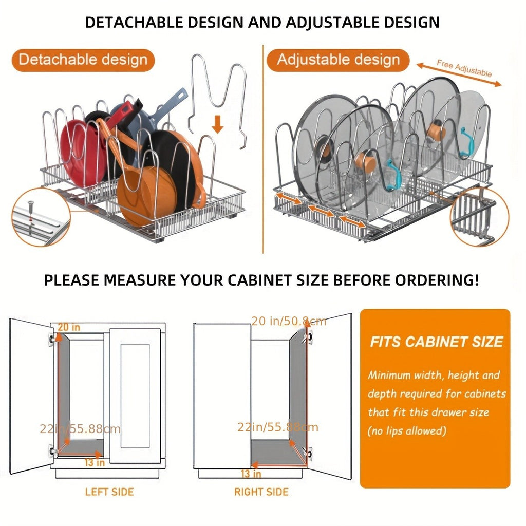 Pots & Pans Organizer Rack for Under Cabinet – 10 Adjustable Dividers, Pull-Out Chrome Steel, for Pot Lids, Cutting Boards & Bakeware, 11” W × 17.5” D × 8.3” H